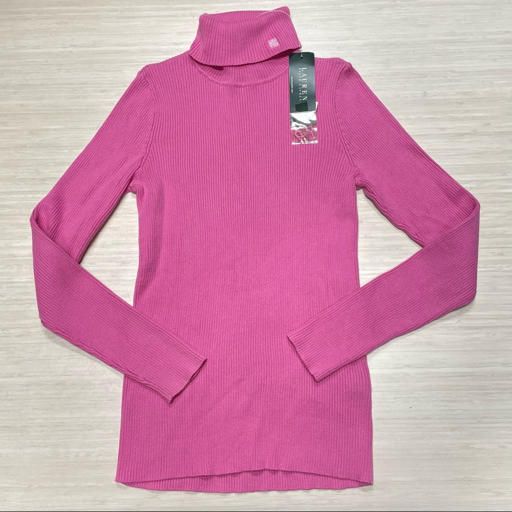Ralph Lauren LRL Women's Pink Ribbed Turtleneck Top Logo Embroidered Shirt Small